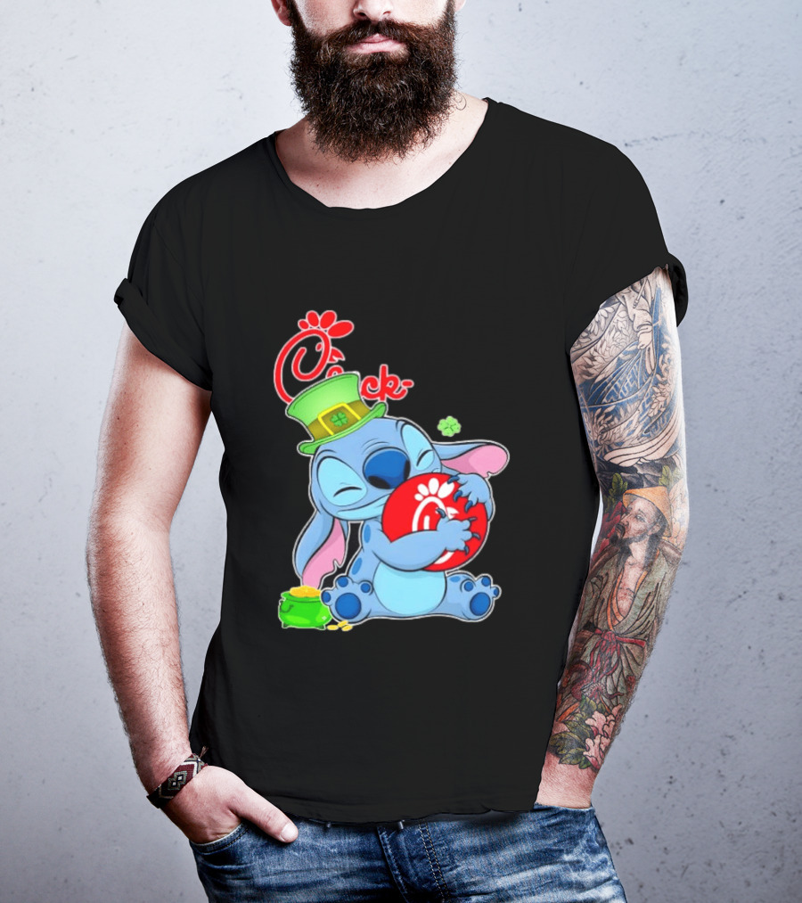 Stitch Holding Chick Fil A Logo With St. Patrick's Day Hat And Clover T-Shirt