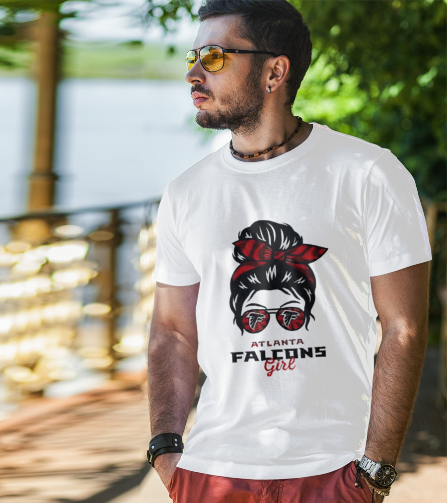 Atlanta Falcons Girl Messy Bun 2026 Bow Sunglasses T-Shirt