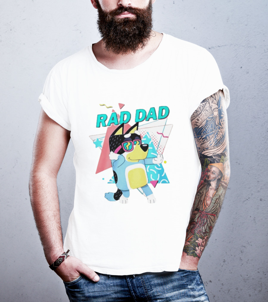 Blue Dog Rad Dad Retro Vibes With Sunglasses And Geometric T-Shirt