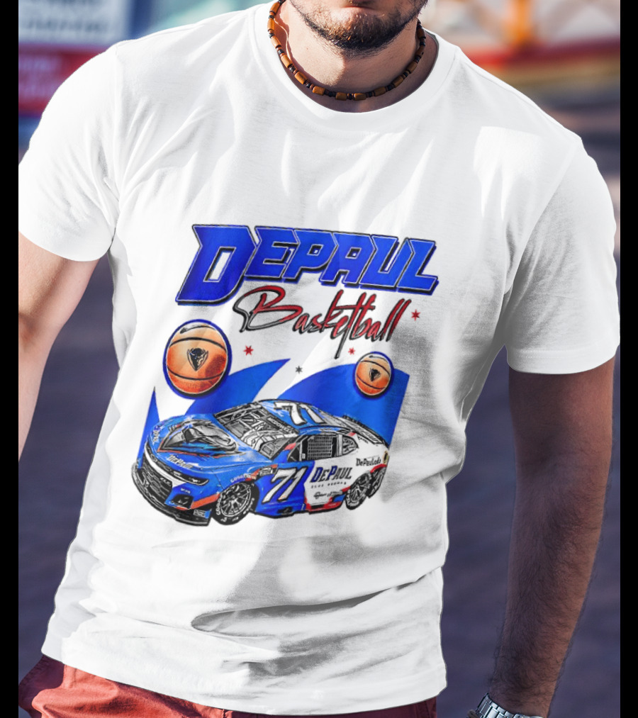 DePaul Basketball NASCAR Collaboration With Blue Race Car And Basketball T-Shirt
