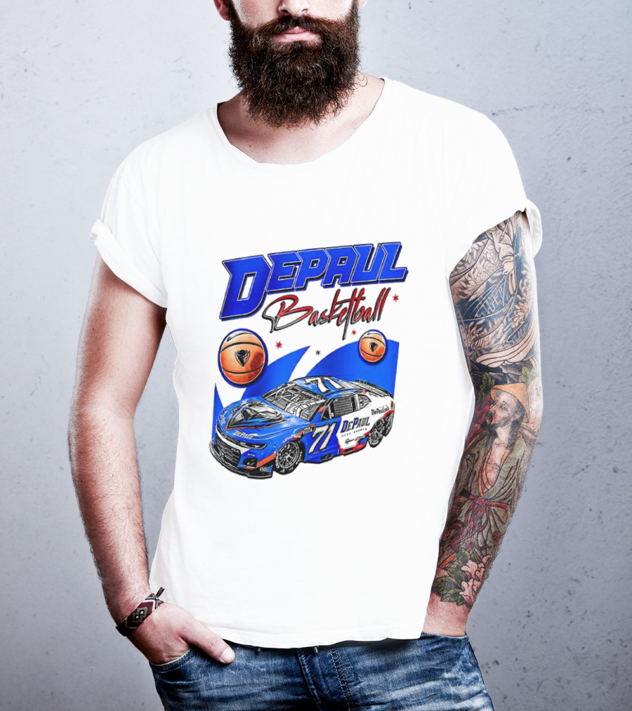 DePaul Basketball NASCAR Collaboration With Blue Race Car And Basketball T-Shirt