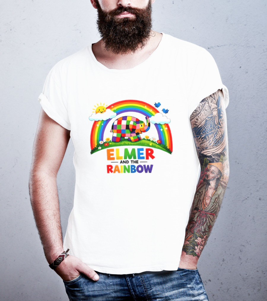 Elmer And The Rainbow Colorful Elephant With Sun And Birds T-Shirt