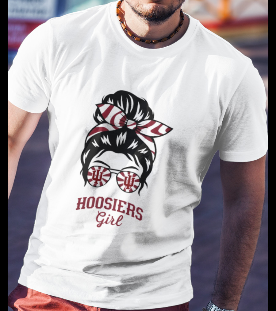 Indiana Hoosiers Girl Messy Bun Sunglasses T-Shirt