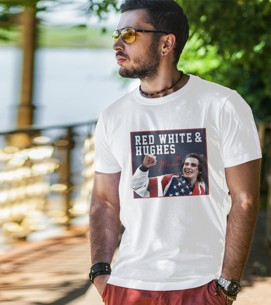 Red White & Hughes Jack Hughes USA Hockey 2026 Golden Goal T-Shirt