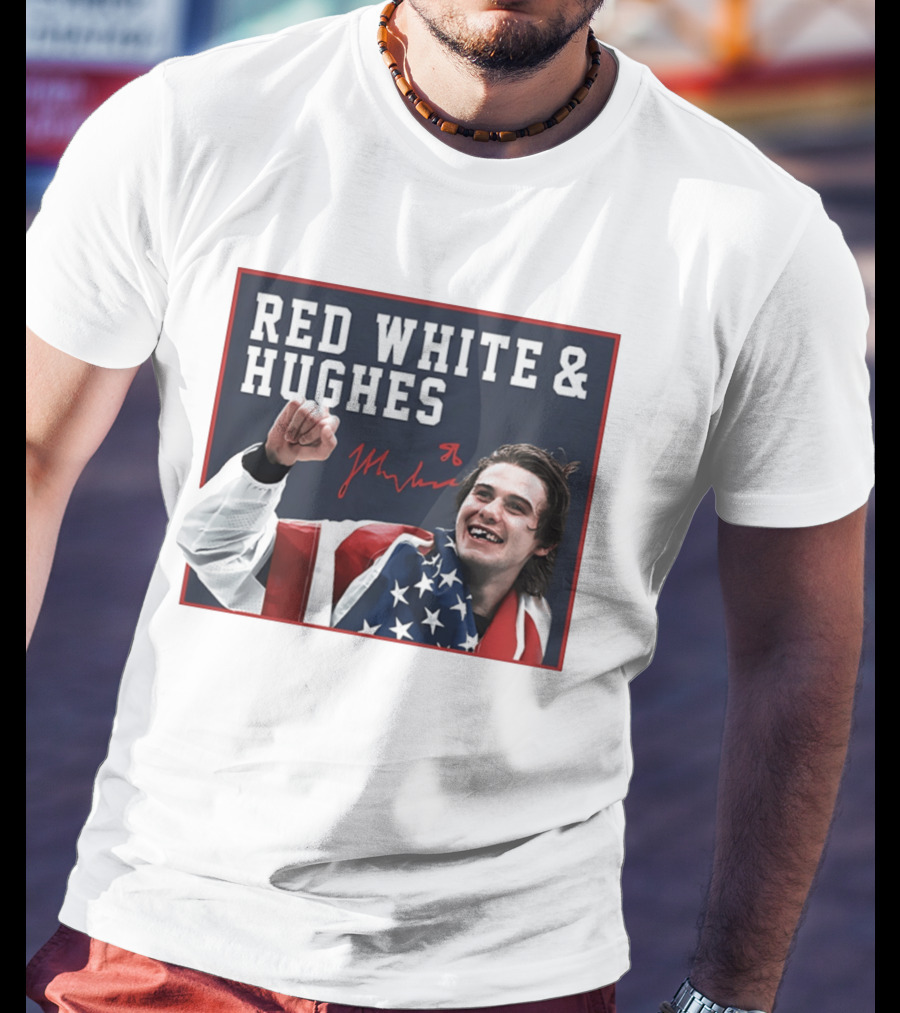 Red White & Hughes Jack Hughes USA Hockey 2026 Golden Goal T-Shirt