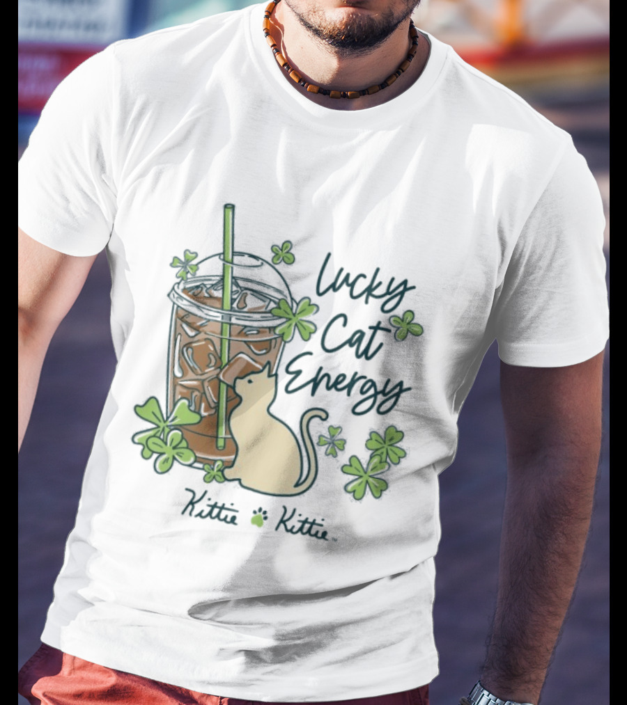 Lucky Cat Energy Kittie Kittie St. Patrick's Day Shamrock Iced Drink T-Shirt