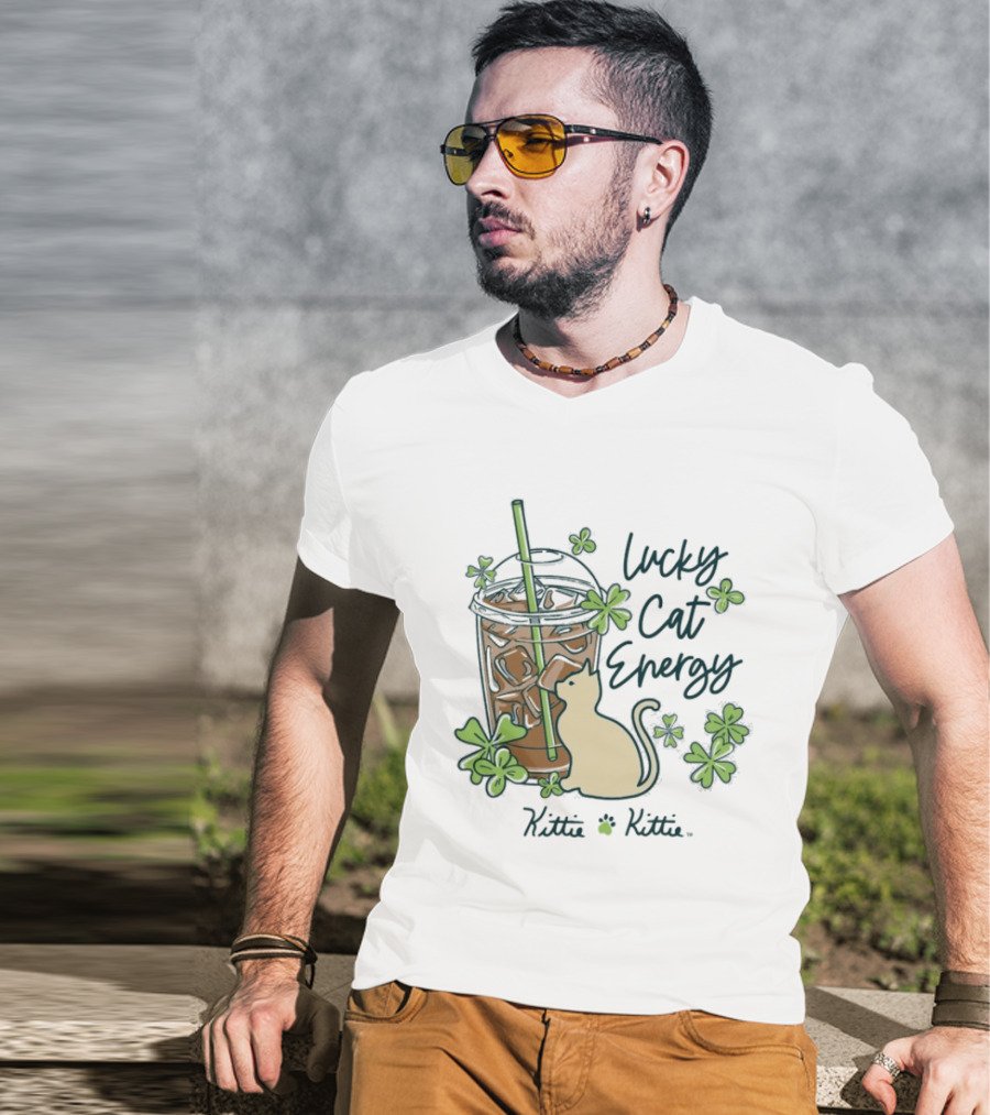 Lucky Cat Energy Kittie Kittie St. Patrick's Day Shamrock Iced Drink T-Shirt