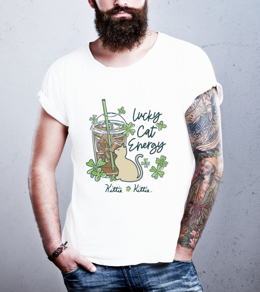 Lucky Cat Energy Kittie Kittie St. Patrick's Day Shamrock Iced Drink T-Shirt