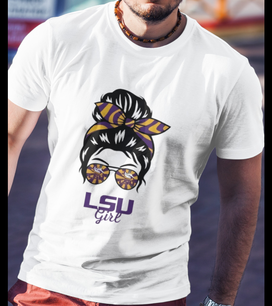 LSU Tigers Girl Purple Yellow Stripes Messy Bun Glasses T-Shirt