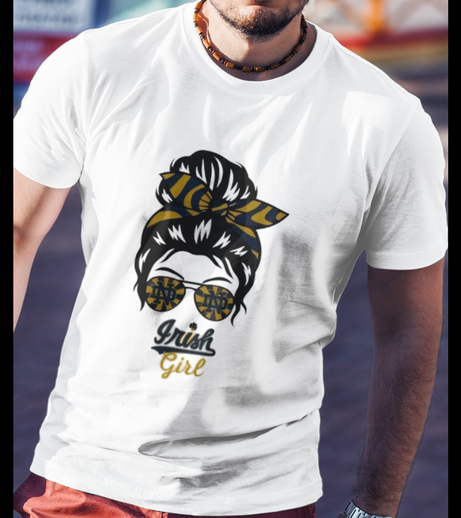 Notre Dame Irish Girl Messy Bun ND Glasses Bow T-Shirt