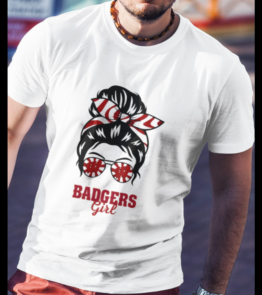 Wisconsin Badgers Girl Messy Bun Glasses Bow T-Shirt