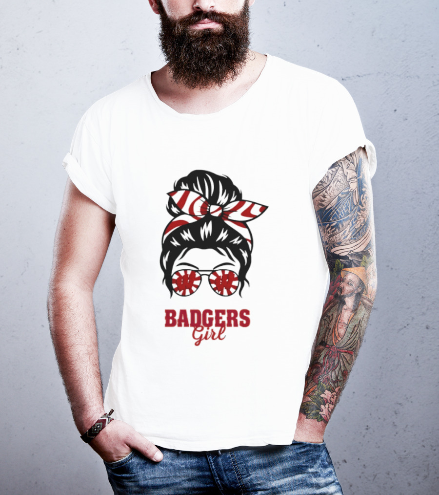 Wisconsin Badgers Girl Messy Bun Glasses Bow T-Shirt