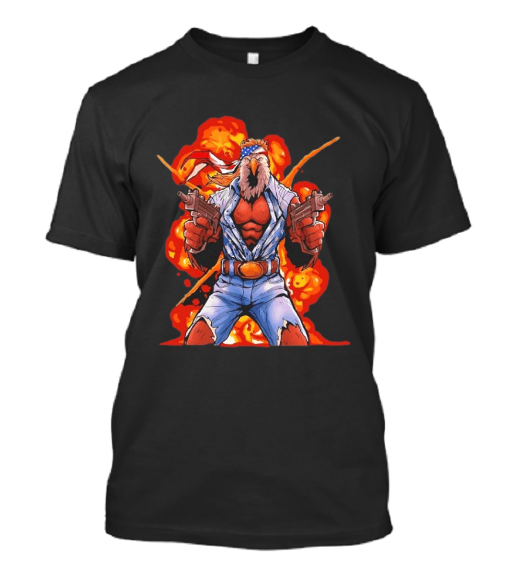 American Bald Eagle Fury Cartoon Bandana Dual Pistols Explosion T-Shirt