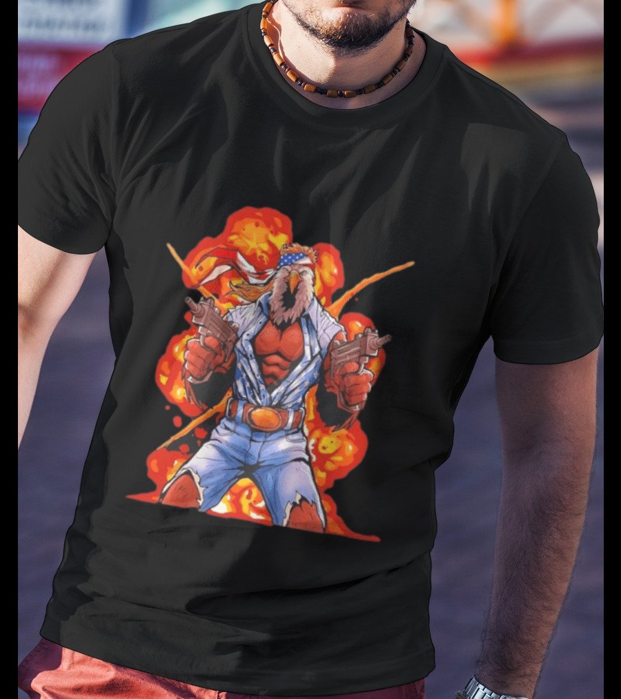 American Bald Eagle Fury Cartoon Bandana Dual Pistols Explosion T-Shirt