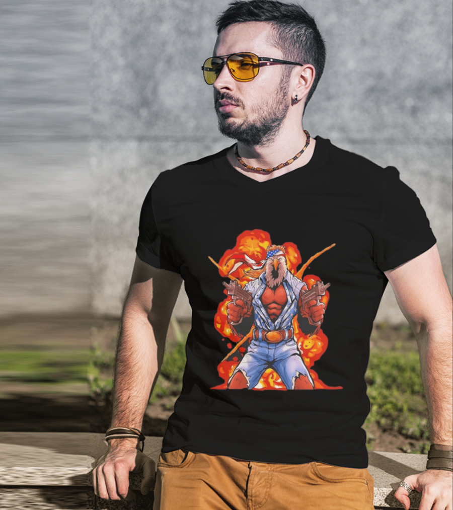 American Bald Eagle Fury Cartoon Bandana Dual Pistols Explosion T-Shirt