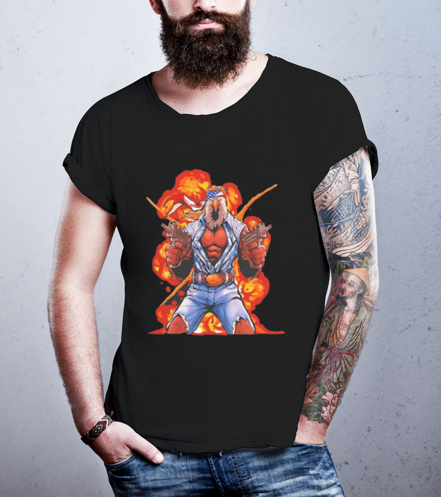 American Bald Eagle Fury Cartoon Bandana Dual Pistols Explosion T-Shirt