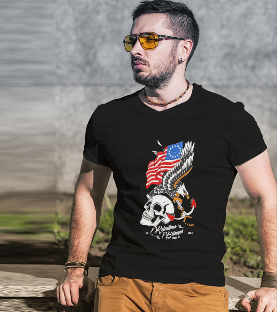 Rebellious Freedom Skull Eagle Anchor American Flag T-Shirt