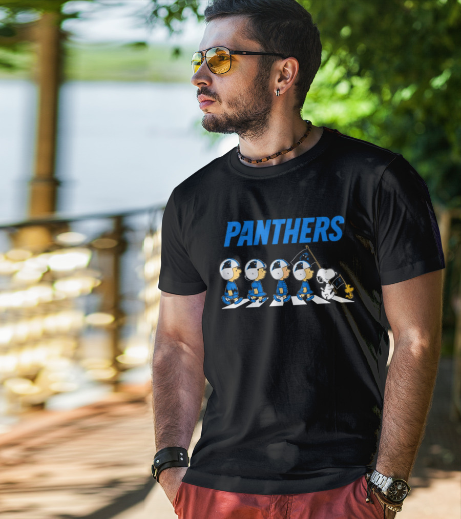 Peanuts Carolina Panthers Football Characters Walking With Flag T-Shirt