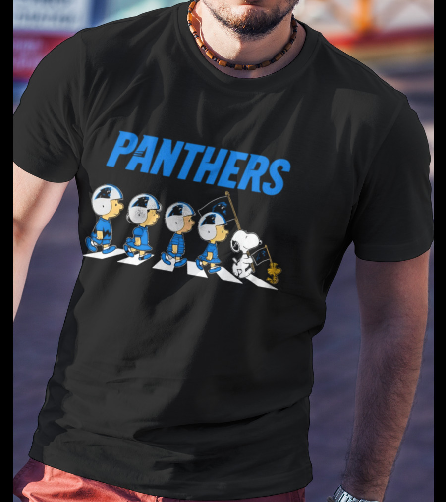 Peanuts Carolina Panthers Football Characters Walking With Flag T-Shirt
