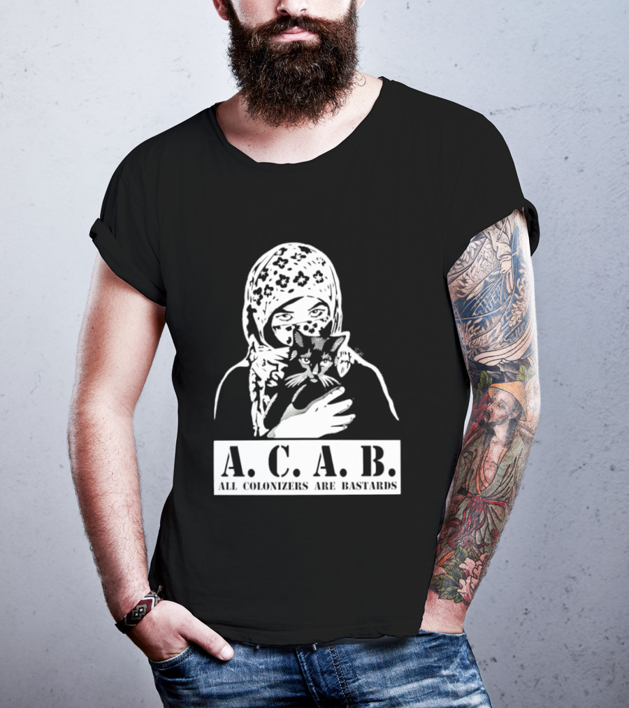 A.C.A.B. All Colonizers Are Bastards Protest Image With Floral Hijab Woman And Cat T-Shirt