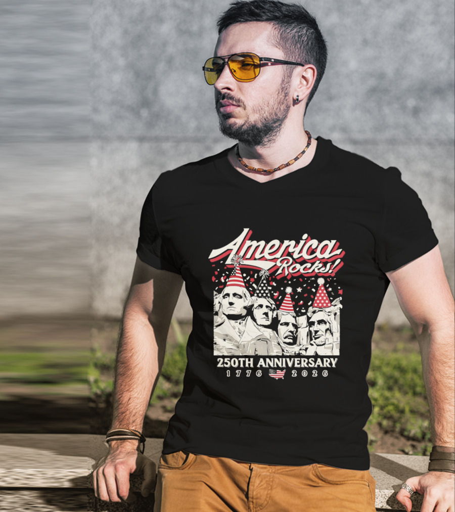 America Rocks 250th Anniversary 1776 2026 Mount Rushmore Party Hats T-Shirt