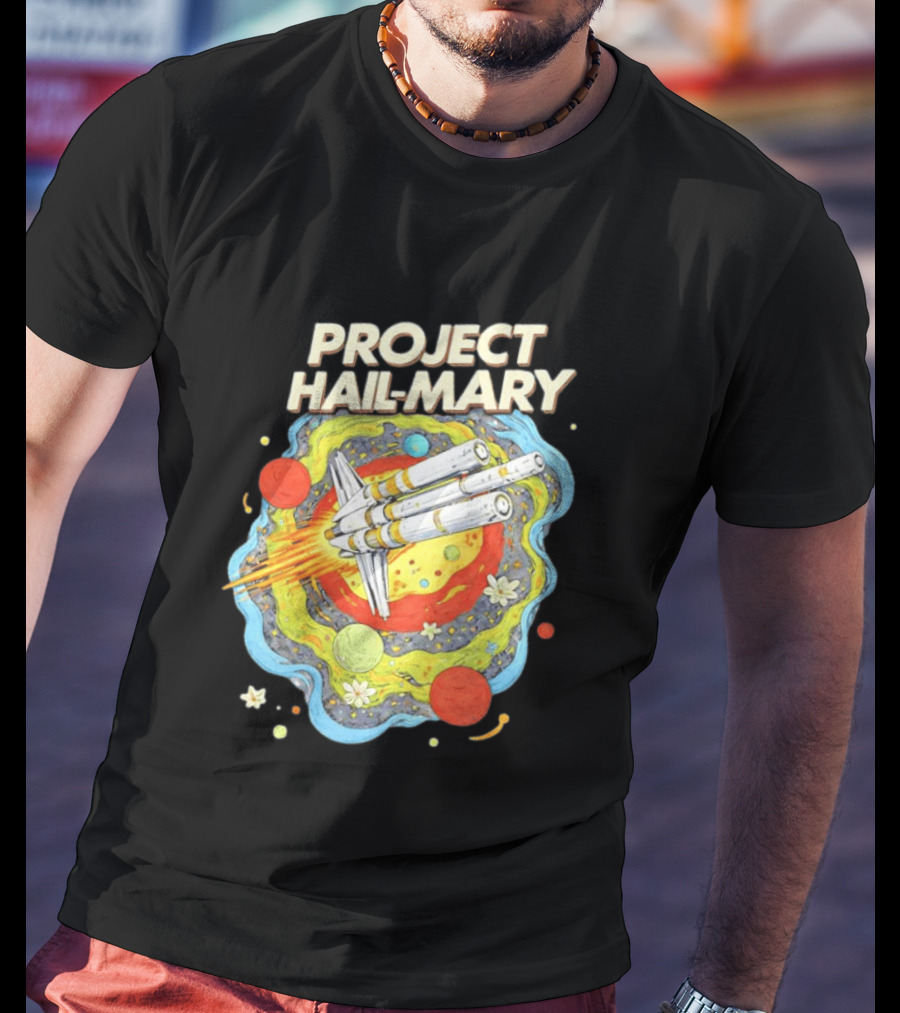 Project Hail Mary Rocket Launching Through Colorful Space Planets T-Shirt