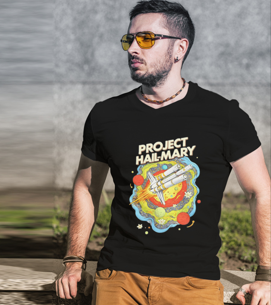 Project Hail Mary Rocket Launching Through Colorful Space Planets T-Shirt
