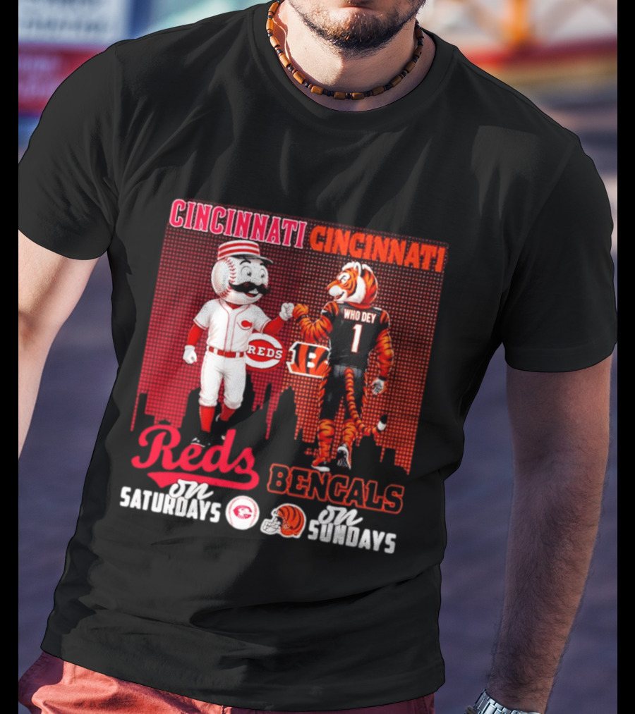 Cincinnati Reds Saturdays Vs Bengals Sundays City Mascots Skyline T-Shirt