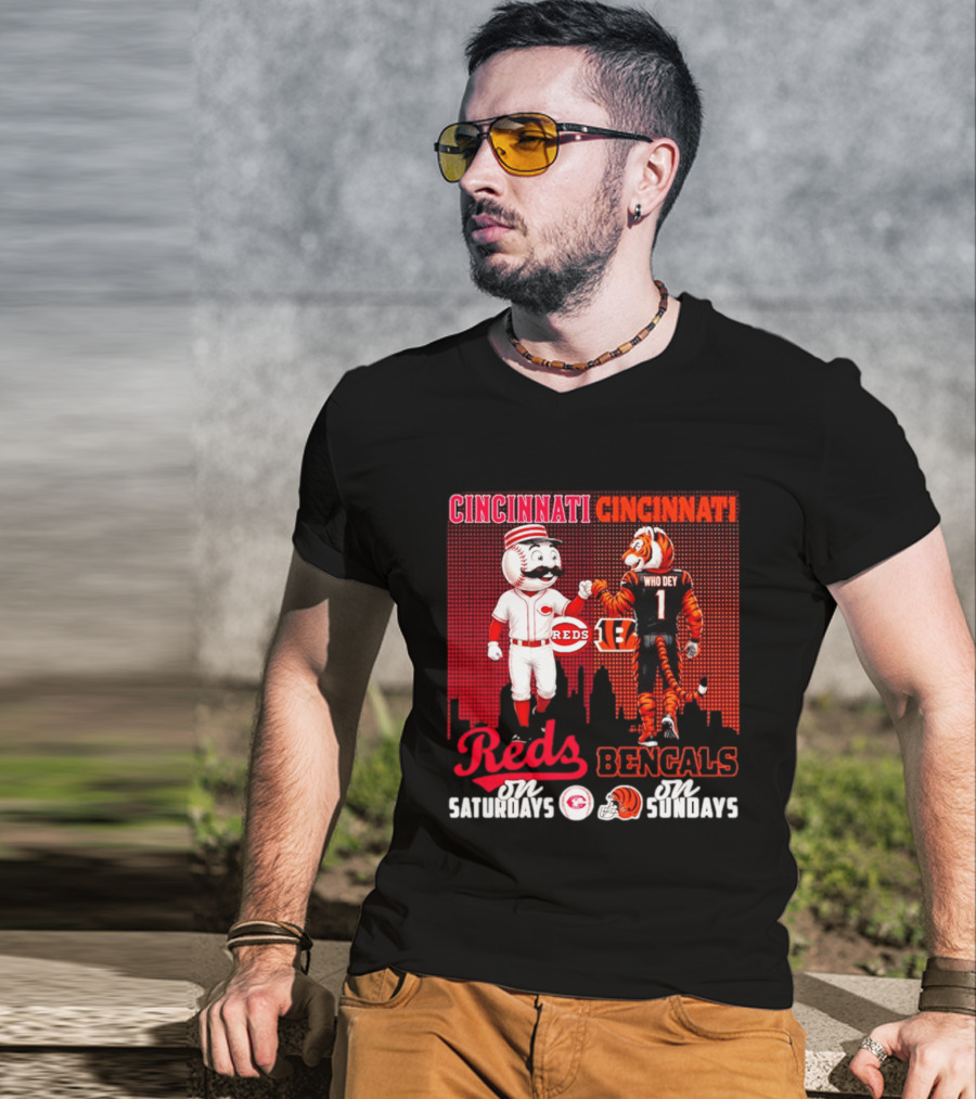Cincinnati Reds Saturdays Vs Bengals Sundays City Mascots Skyline T-Shirt