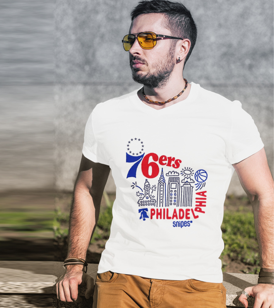 Philadelphia 76ers Snipes City Skyline Sketch Basketball T-Shirt