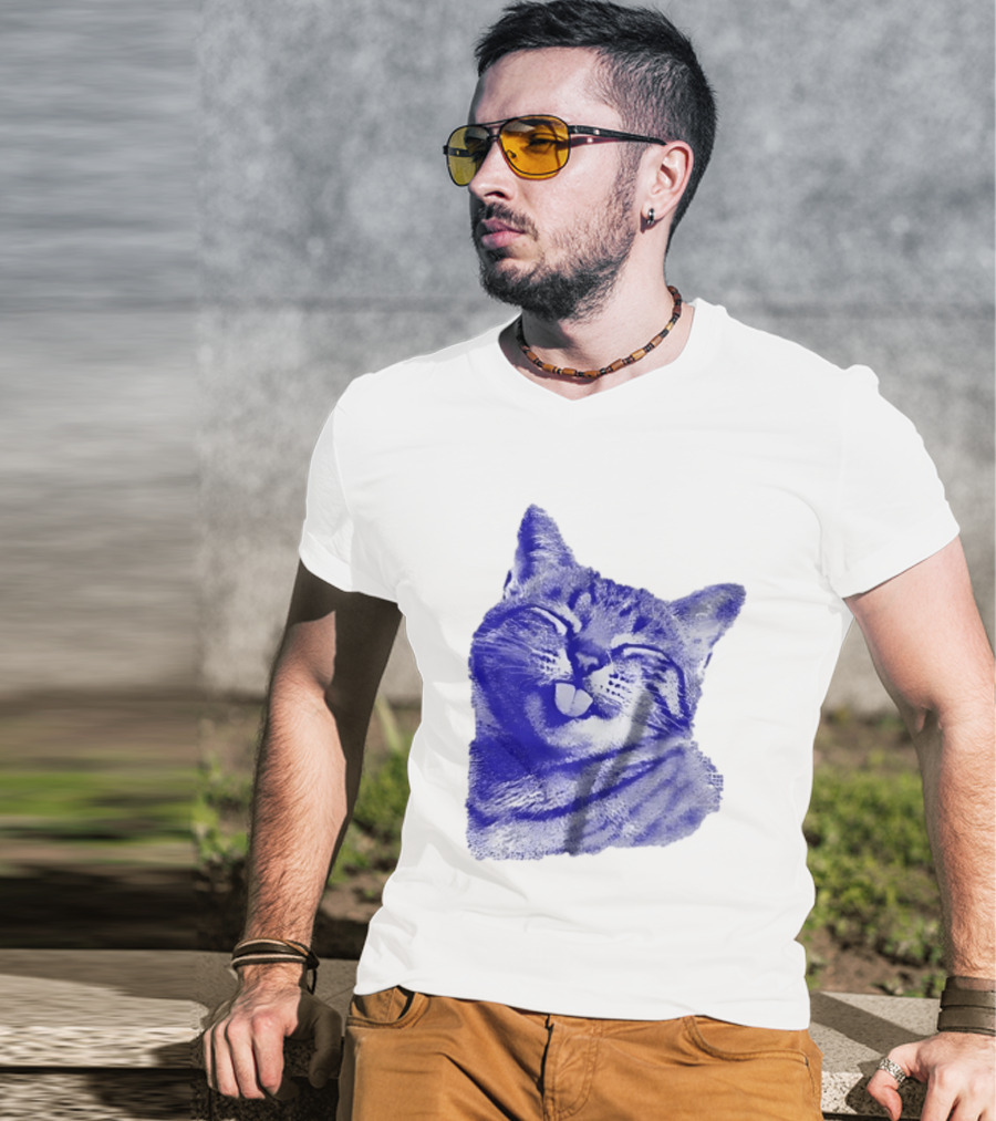 Playful Cat Sticking Out Tongue In Blue Tint T-Shirt