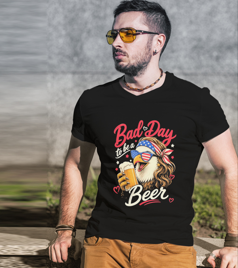 Bad Day To Be A Beer Patriotic Bald Eagle With American Flag Bandana And Heart Accents T-Shirt