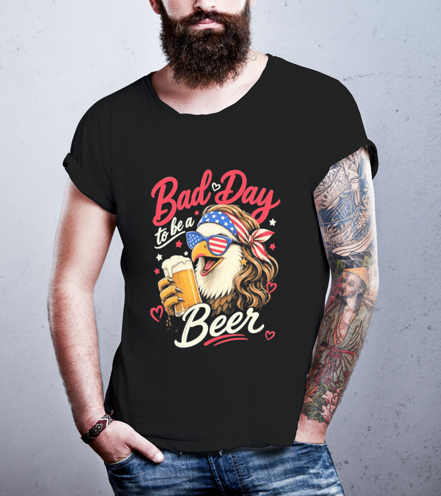 Bad Day To Be A Beer Patriotic Bald Eagle With American Flag Bandana And Heart Accents T-Shirt