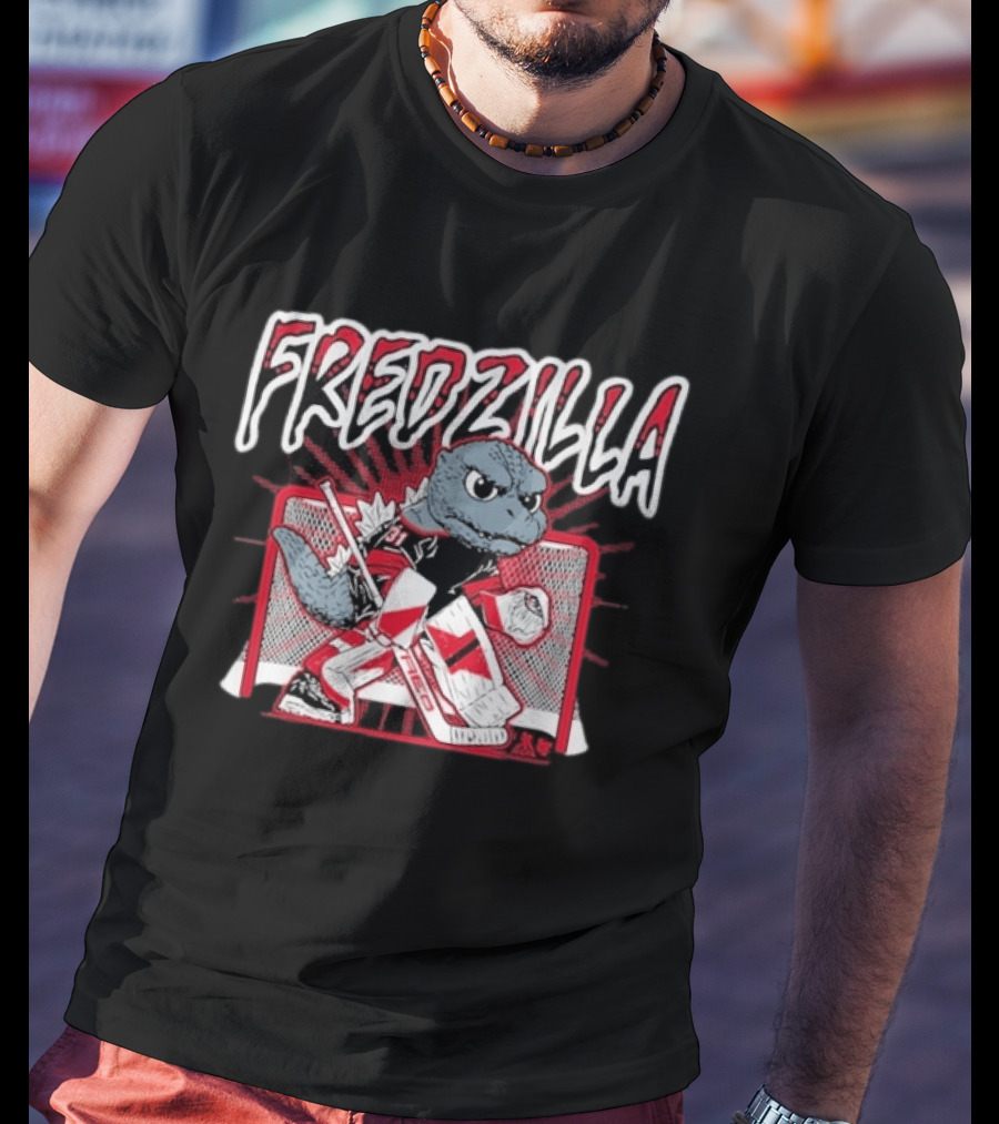 FredZilla Hockey Goalie Monster Art With Equipment And Net T-Shirt