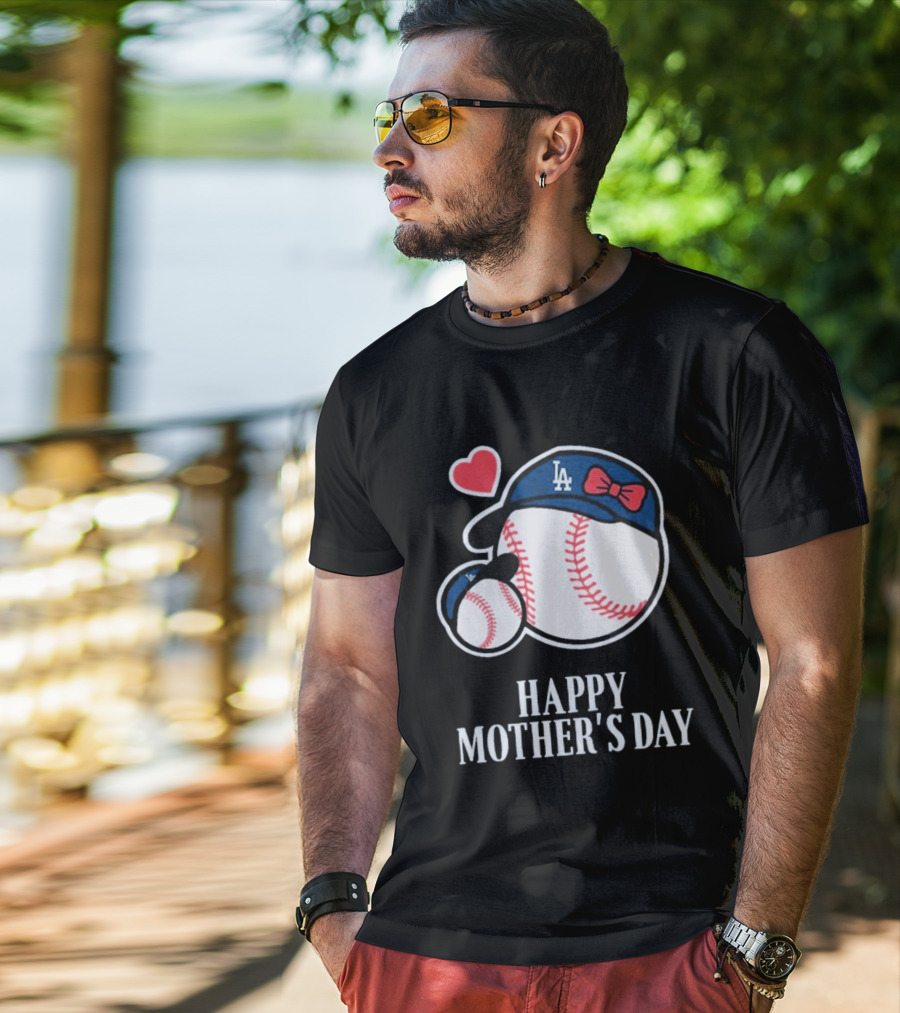 Happy Mother's Day 2026 LA Baseball Red Bow Heart T-Shirt