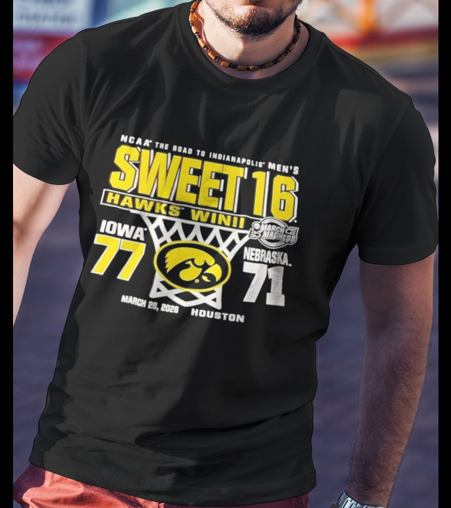 NCAA March Madness The Road To Indianapolis Men's Sweet 16 Hawks Win Iowa 77 Nebraska 71 March 25 1989 Houston T-Shirt