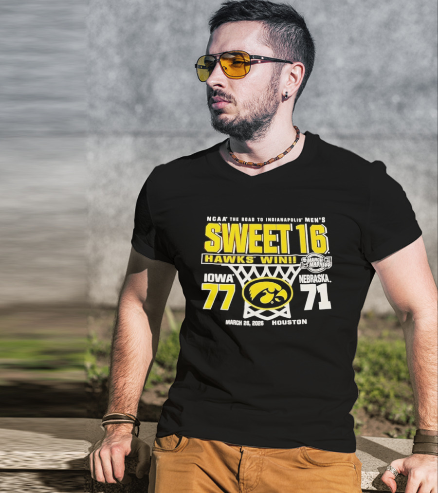 NCAA March Madness The Road To Indianapolis Men's Sweet 16 Hawks Win Iowa 77 Nebraska 71 March 25 1989 Houston T-Shirt