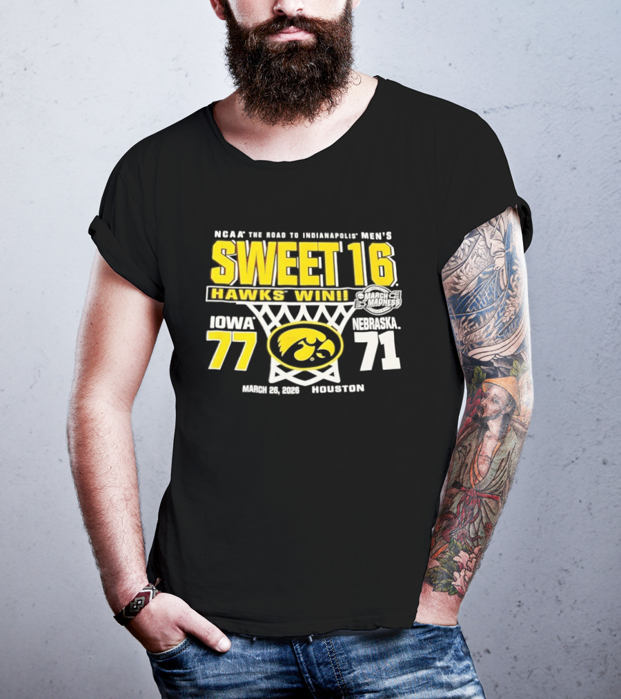 NCAA March Madness The Road To Indianapolis Men's Sweet 16 Hawks Win Iowa 77 Nebraska 71 March 25 1989 Houston T-Shirt