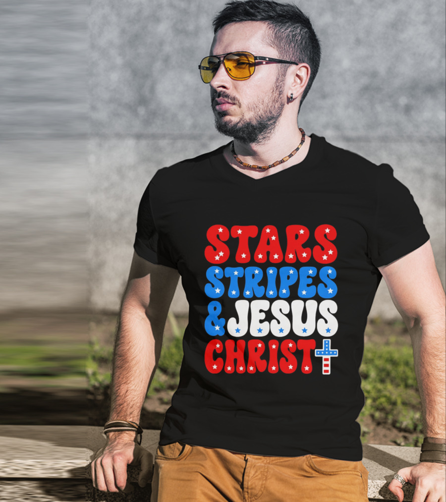 Patriotic Stars Stripes Jesus Christ Christian Faith Cross T-Shirt