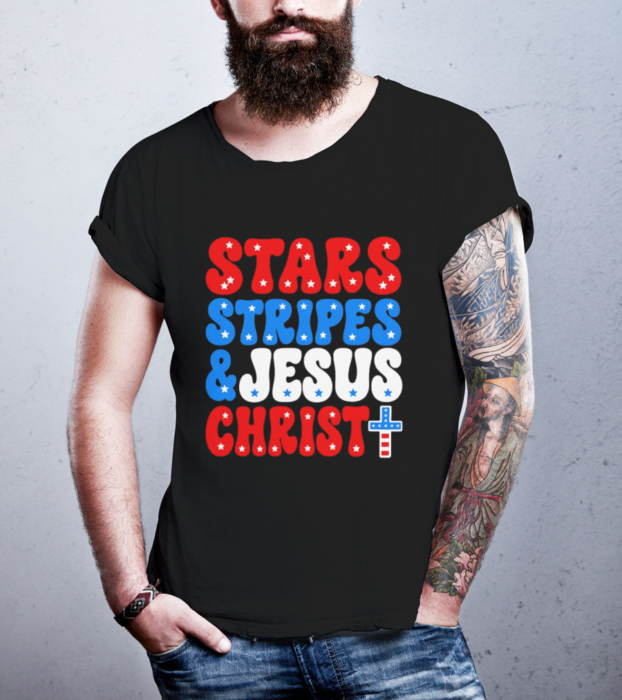 Patriotic Stars Stripes Jesus Christ Christian Faith Cross T-Shirt