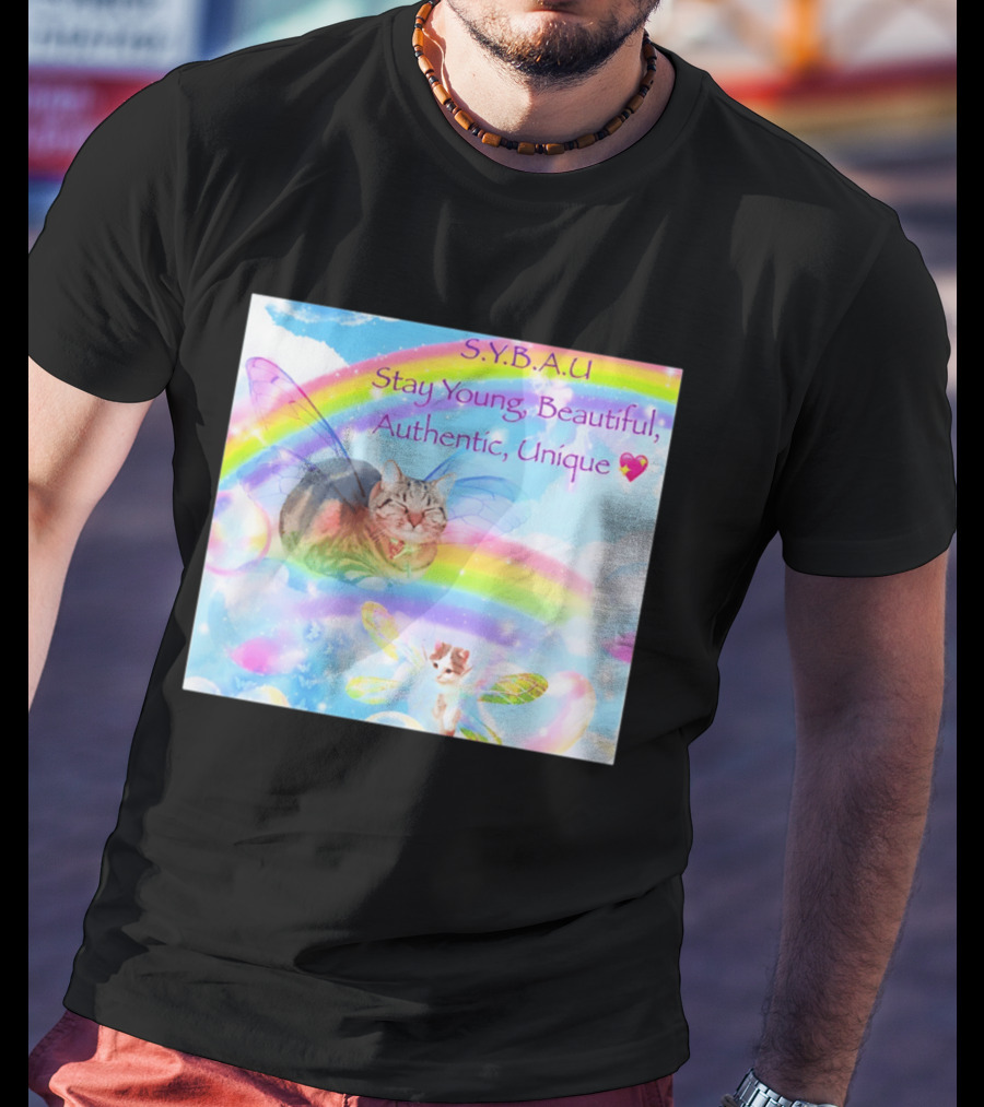 S.Y.B.A.U Stay Young Beautiful Authentic Unique Cat Rainbow Wings T-Shirt