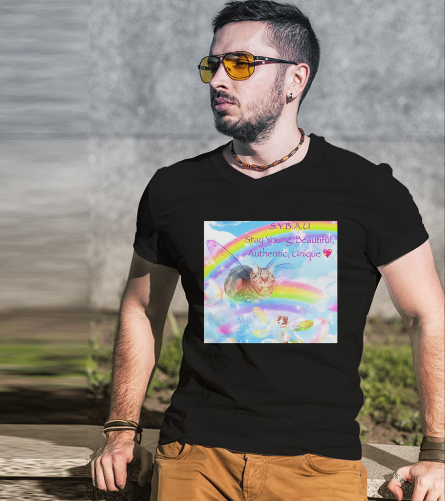 S.Y.B.A.U Stay Young Beautiful Authentic Unique Cat Rainbow Wings T-Shirt