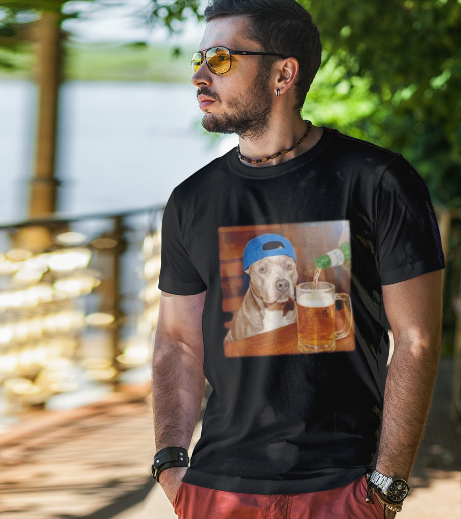 Pit Bull Drinking Beer Blue Cap Meme T-Shirt