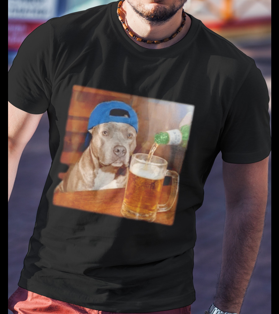 Pit Bull Drinking Beer Blue Cap Meme T-Shirt