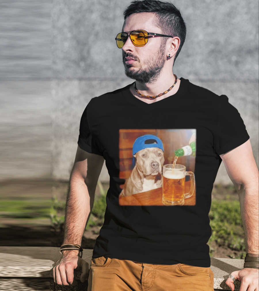 Pit Bull Drinking Beer Blue Cap Meme T-Shirt