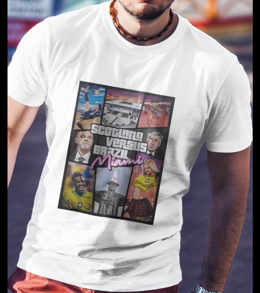 Scotland Versus Brazil Miami Comic Style Soccer Matchup T-Shirt