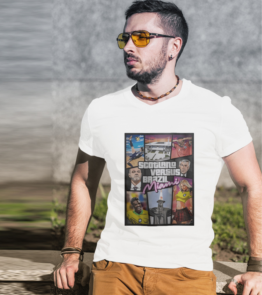 Scotland Versus Brazil Miami Comic Style Soccer Matchup T-Shirt