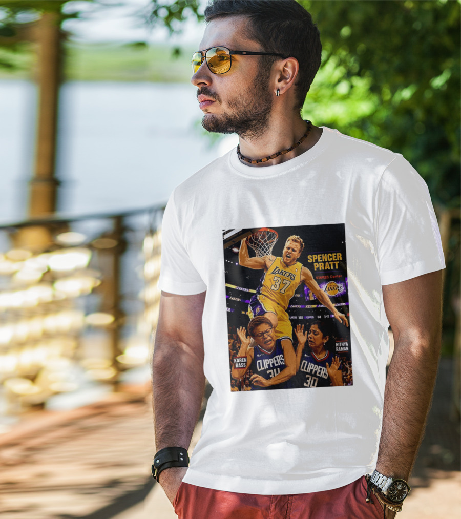 Los Angeles Lakers Spencer Pratt Dunks Staples Center Clippers Karen Bass Nithya Raman T-Shirt