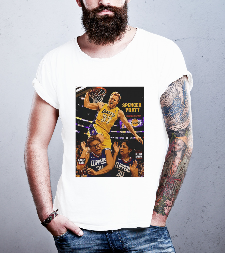 Los Angeles Lakers Spencer Pratt Dunks Staples Center Clippers Karen Bass Nithya Raman T-Shirt