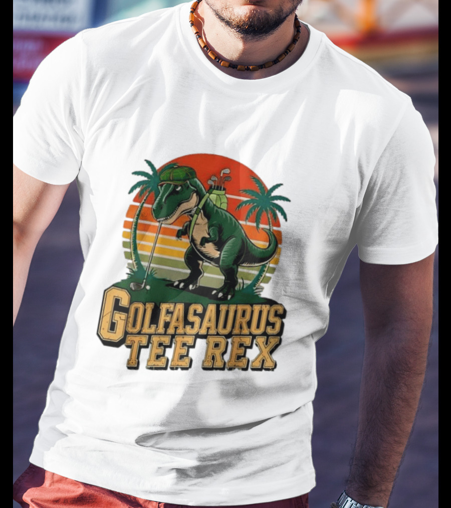 Golfasaurus Rex Rex Dinosaur Playing Golf Sunset Palm Trees T-Shirt